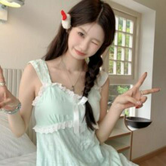 Summer Sweet Korean Style Pink Milk Silk Ribbed Camisole Pajamas for Women