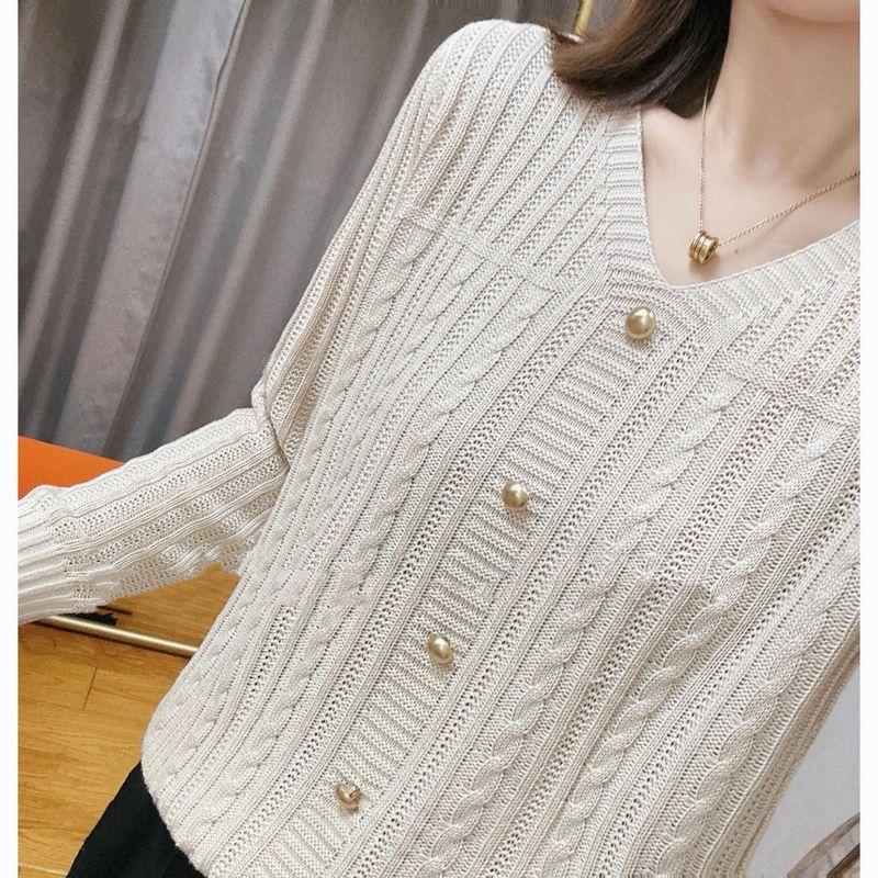 

Loose Slim Looking [40.00 Kg-100.00 kg] Retro Twist Knitting Bottoming Shirt Female Autumn and Winter V-neck Tops Beaded Sweater Apricot color 3XL