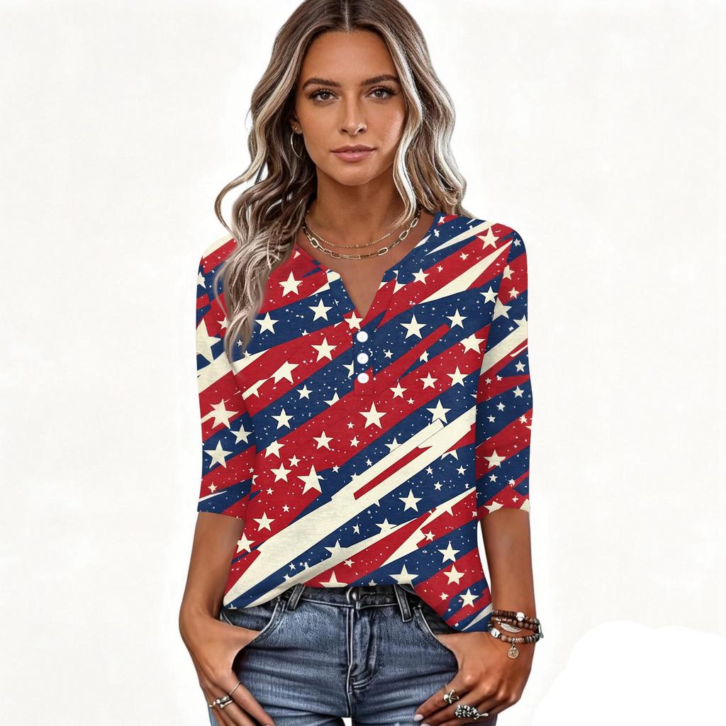 Women's T Shirt Independence Day Print Button 3/4 Sleeve Daily Weekend Fashion Basic V- Neck Regular Top
