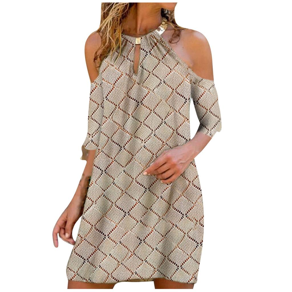Fashion Women's Summer Casual Metal Hanging Neck Printed Strapless Dress