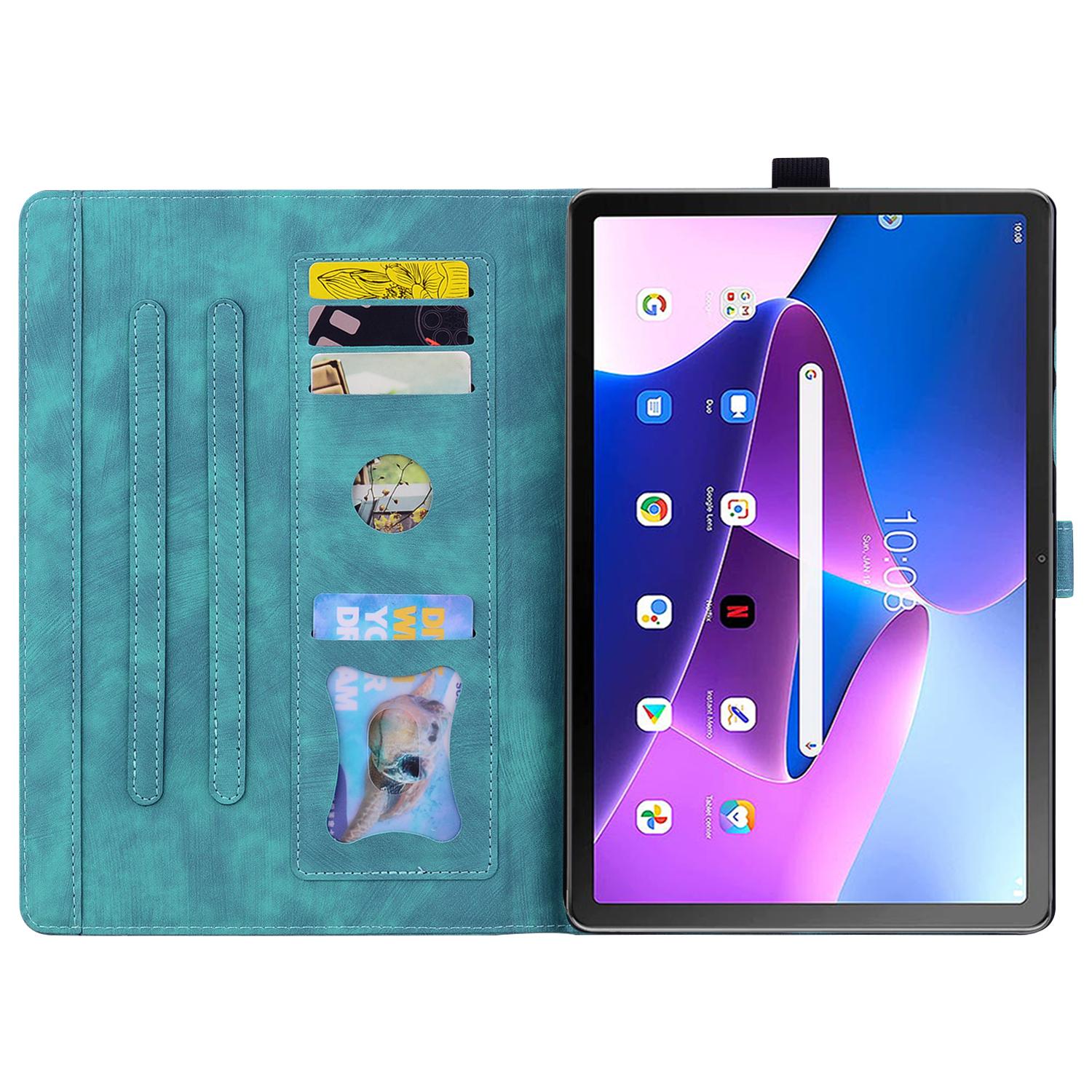 

For Lenovo Tab M10 (Gen 3) TB-328XU/TB-328FU PU Leather Stand Tablet Case Imprinted Flower Cat Card Holder Cover Green