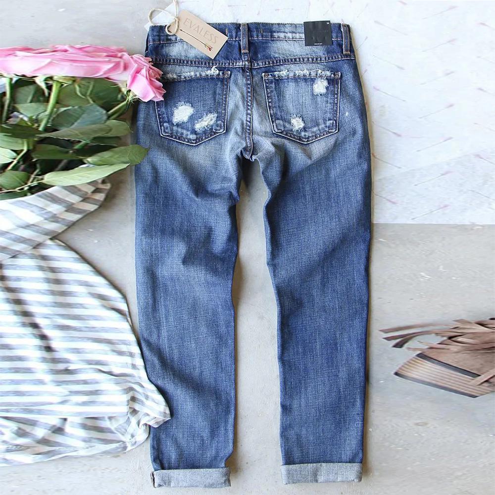 2023 Women's European and American Straight-Leg Jeans with Patch Print and Ripped Design