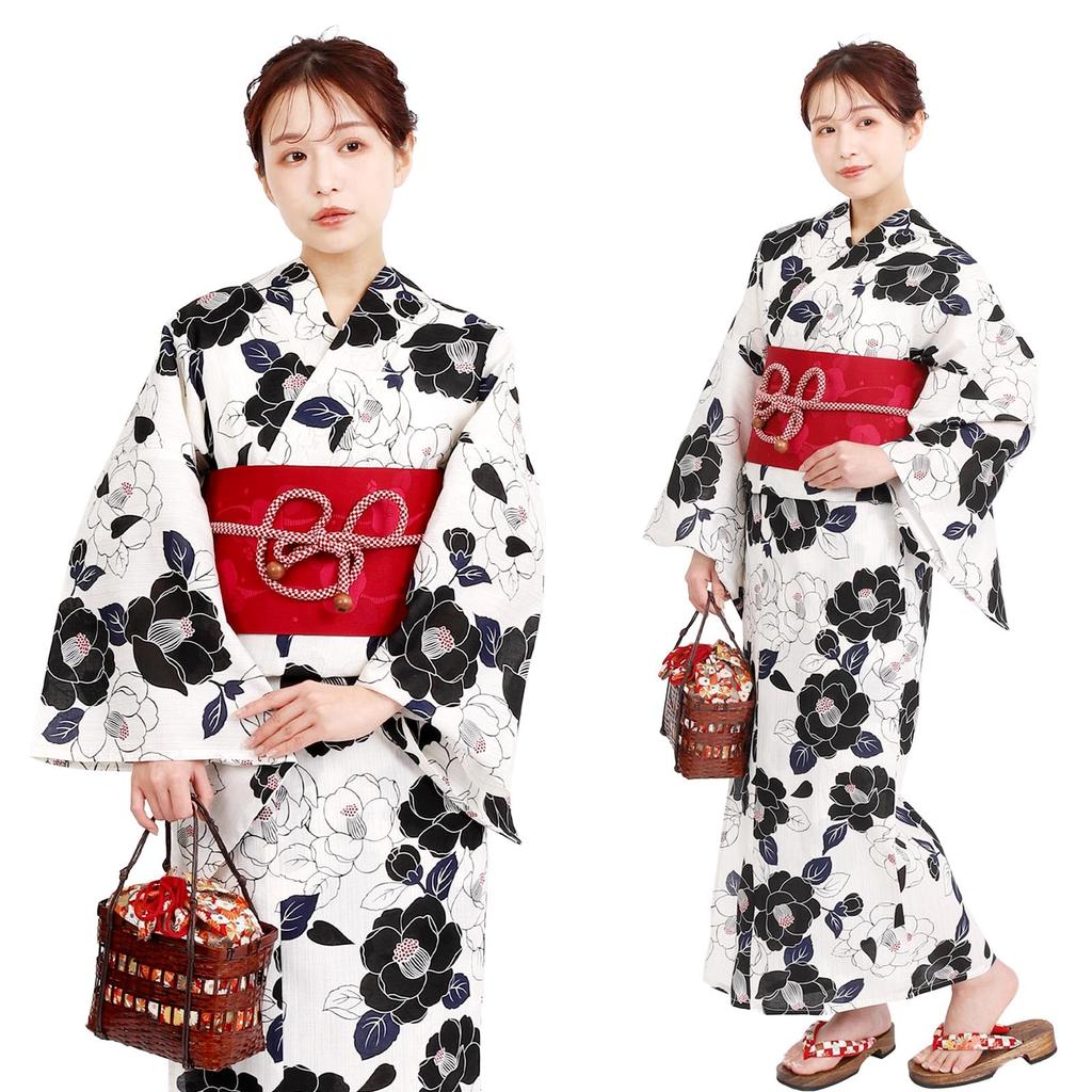 Fuuka Yukata Set with Obi and One Size Fits White and Black Made in X231109 Women's Pre-tied One-Touch Closure, Two-Piece Set, Most, Camellia,
