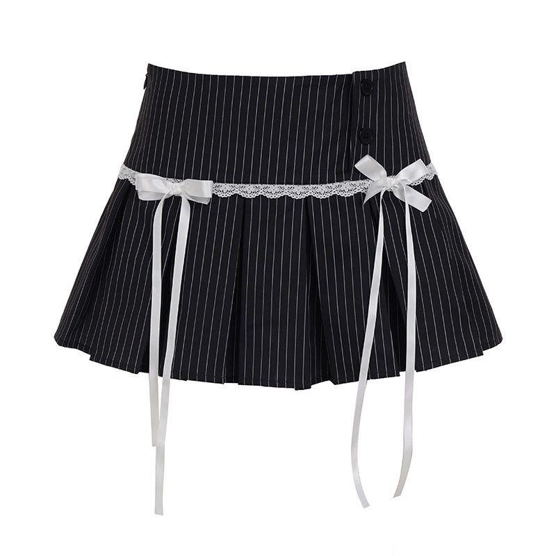 

American College Style Bow-Decorated Striped Pleated Skirt Bm Niche New Low-Waist Versatile Casual Short Women s Clothing Black L