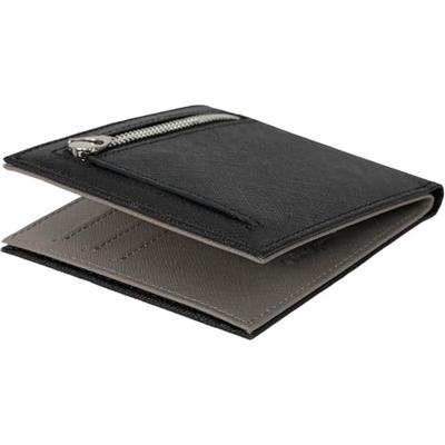 Dom Teporna Men's Slim Bifold Wallet with YKK Zipper, Saffiano Leather, Large Capacity, Slim Wallet, Compact, Lightweight, Black/Gray