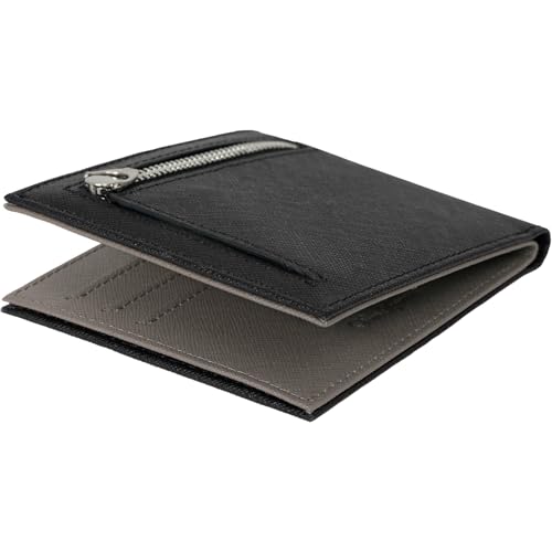 

Dom Teporna Men s Slim Bifold Wallet with YKK Zipper, Saffiano Leather, Large Capacity, Slim Wallet, Compact, Lightweight, Black/Gray