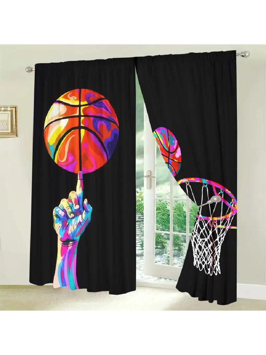 

Semi Sheer Vibrant Basketball Printed Curtains Designed Quality Material Ideal Sports Enthusiast Home Windo Curtain Set Of 2 Made Polyester Washable W100*H70(CM)-Hooks&1PCS