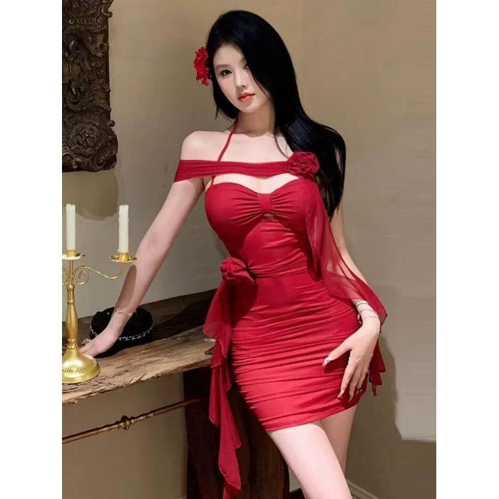 

Irregular flower suspender dress women s summer new one-word shoulder gauze skirt original chest pad hip skirt showing thin trend S