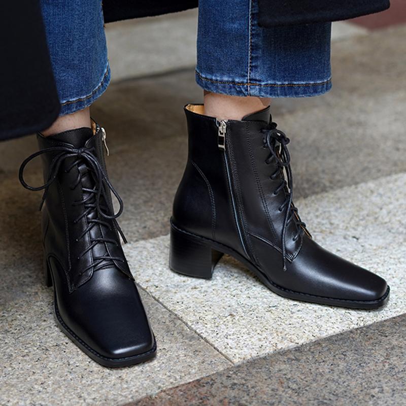 Fashion 2025 New Women Shoes Genuine Leather Ankle Boots Lace-up Thick Heels Motorcycle Boots Square Toe Warm Short Street Fashion Boots