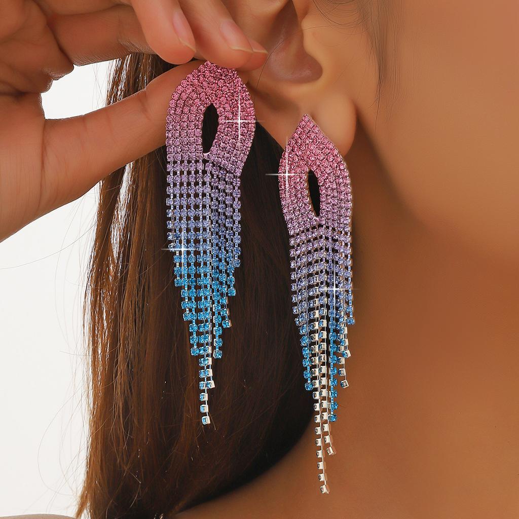 Boucles d'oreilles longues à franges en strass super flash de luxe tempérament
