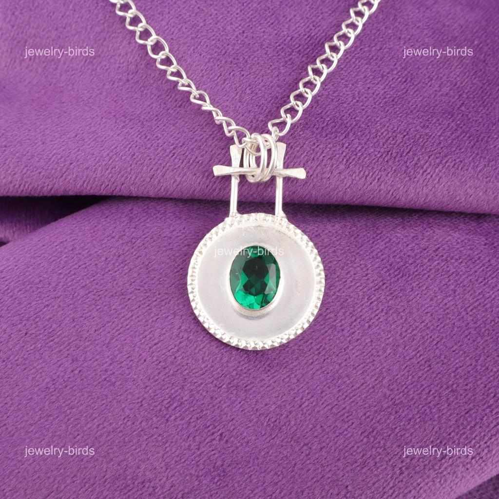 Oval Green Emerald Gemstone Sterling Silver Mother Gift Birthday May New Pendant PP-57-5