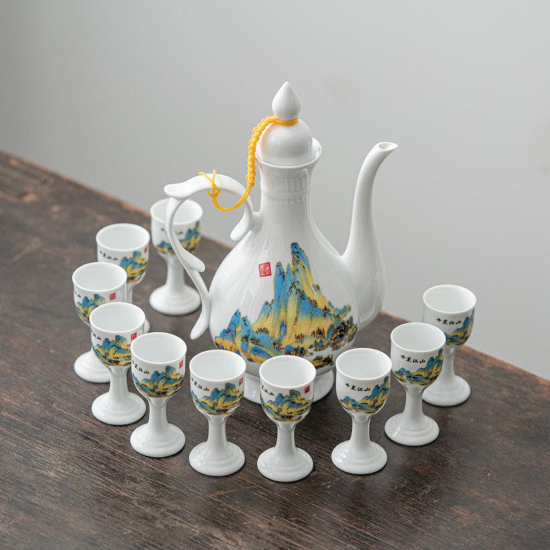 Qianli Jiangshan Baijiu Ceramic Cup Set: Antique-Style Blue and White Porcelain Wine Pot & High-Footed Cup
