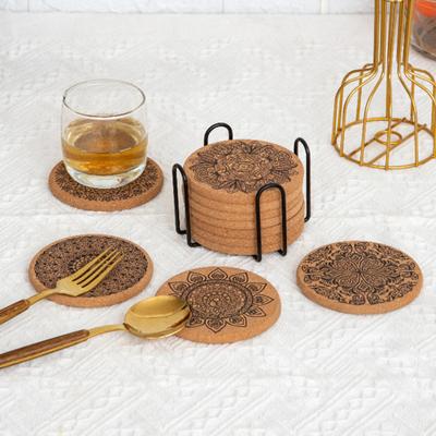 8Pcs Cork Coasters with Rack Round Retro Coasters Absorbent Heat-Resistant Table Mats Insulated Dining Placemats for Table Protection