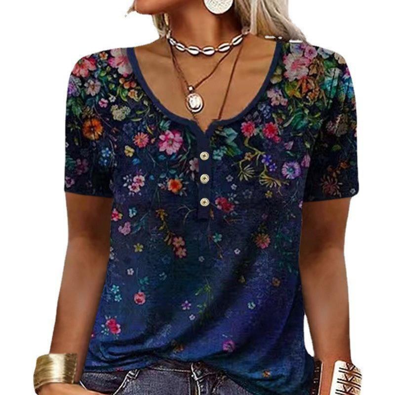Elegant T-shirt Ladies Short-sleeved Fashion Ethnic Style Loose Retro Casual Button Shirt 3d Floral Print Loose Summer Top