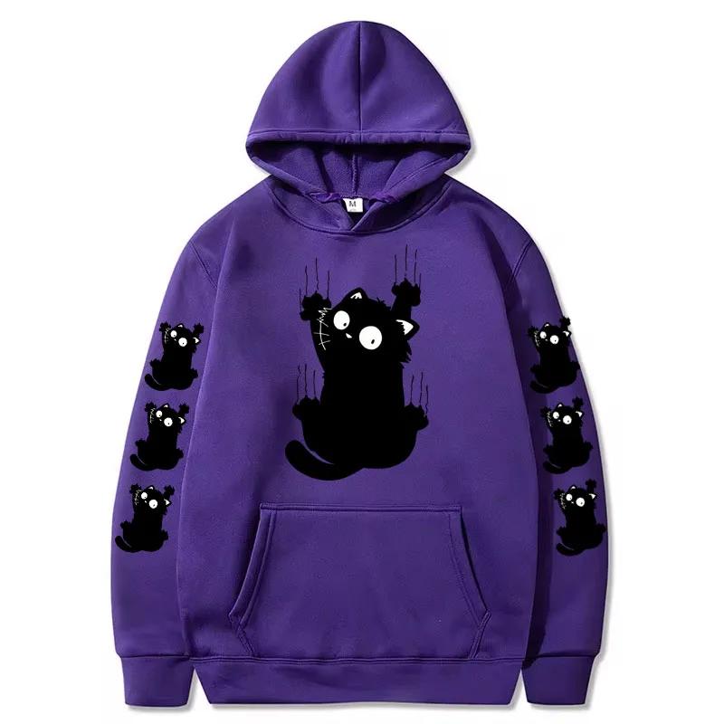 Autumn Winter Women Funny Cat Print Hoodie Casual Drawstring Hooded Long Sleeve Pocket Sweatshirt Cat Women's Clothing