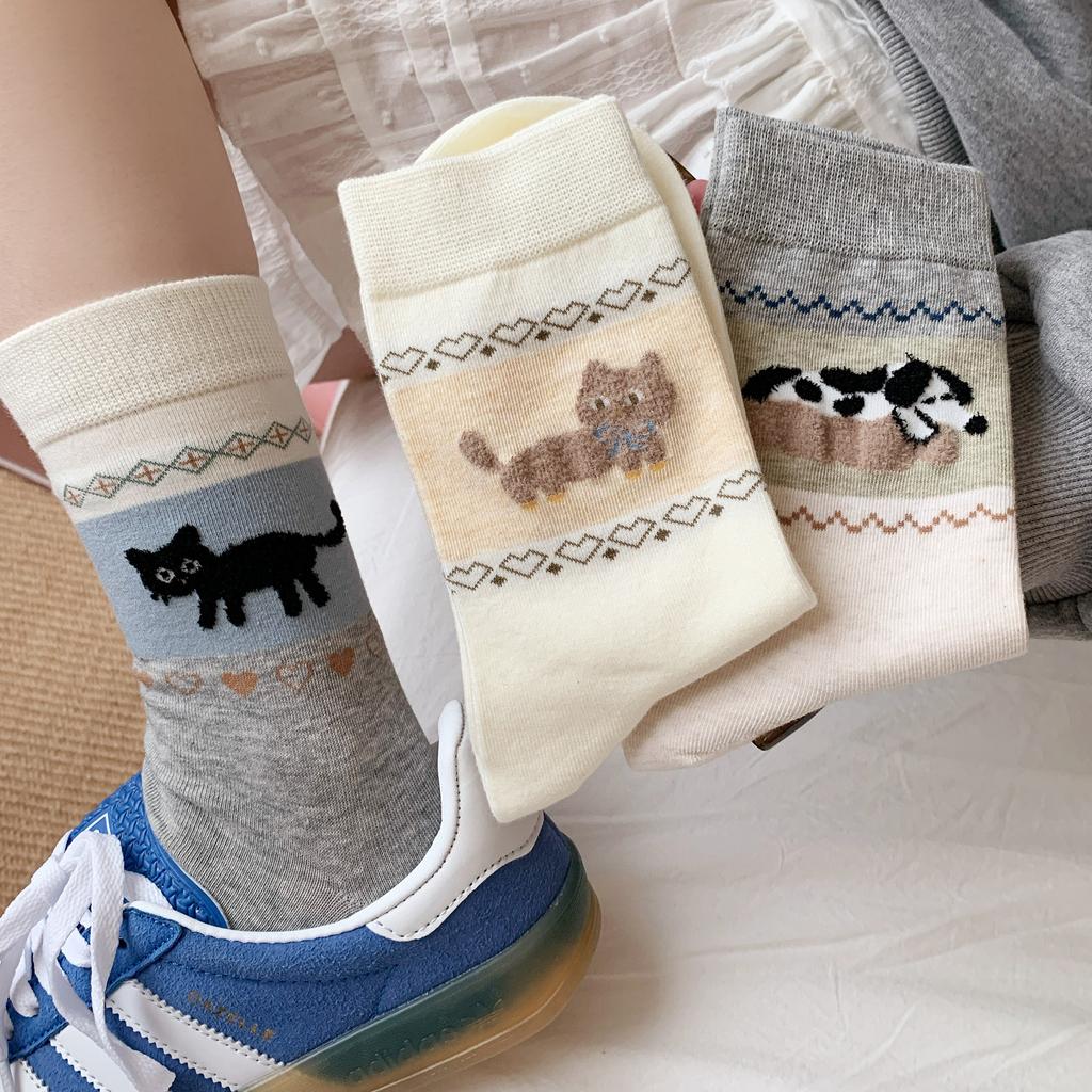 Simple Original Socks Socks Boneless Socks Retro Style Pet Park Cute Cartoon Medium Tube Kitten Cotton Socks Average Size