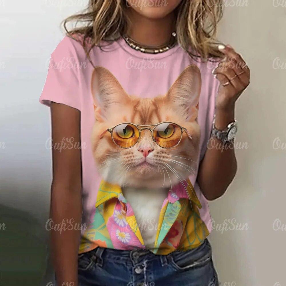Summer Fashion Women's T-Shirts 3d Cute Cat Print Harajuku T-Shirt Short Sleeve Casual Kawaii Girls Tee Oversized Woman Clothing