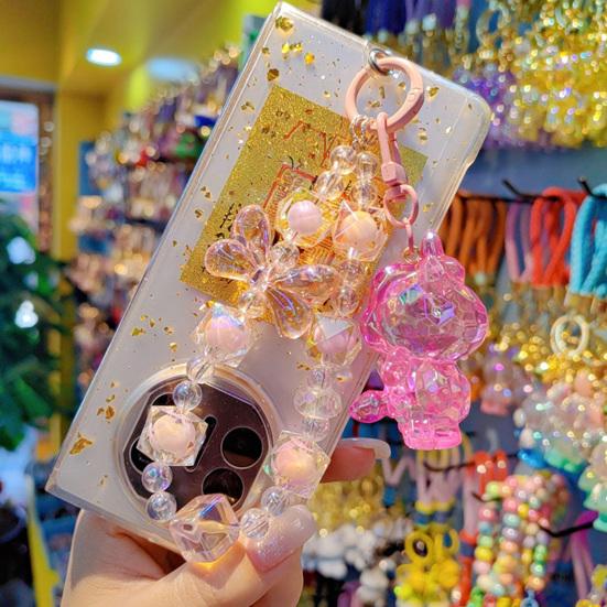 Beaded Keychain Macaron Color Beads Sparkling Mobile Phone Chain Bag Hanger with Transparent Colorful Pendants Anti-Lost Charm Accessories