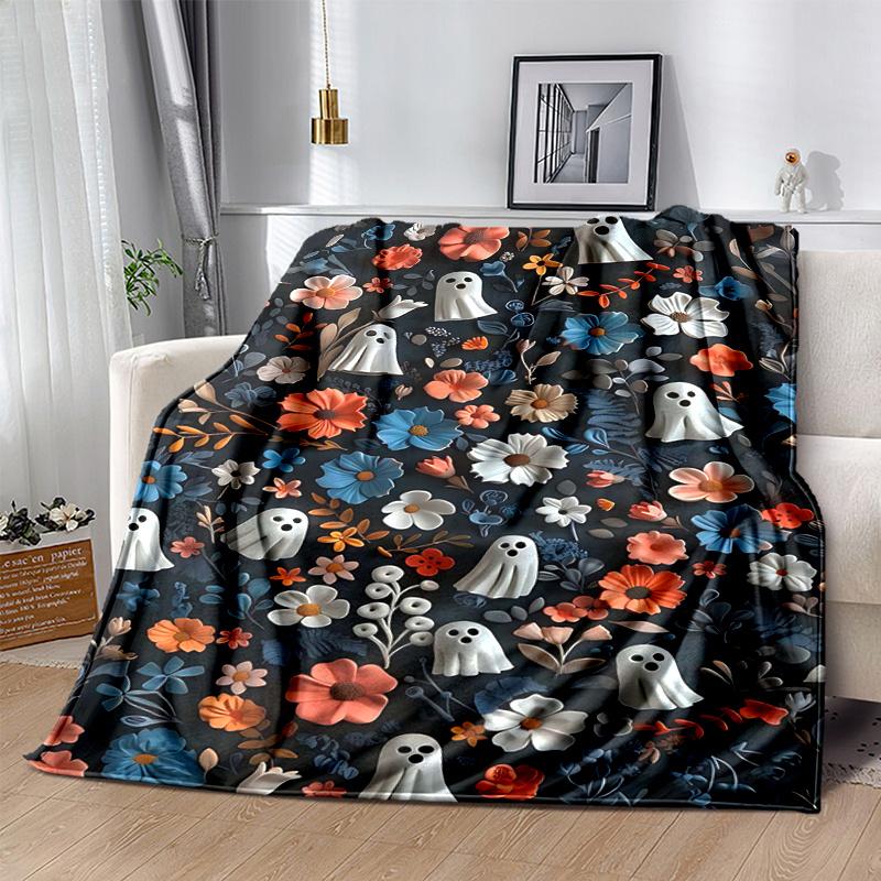 1pc Ghosts & Flowers Blanket Soft Throw for Home Decor, Gift Idea, Suitable for All Seasons, Living Room, Travel, Camping, Car Blankets