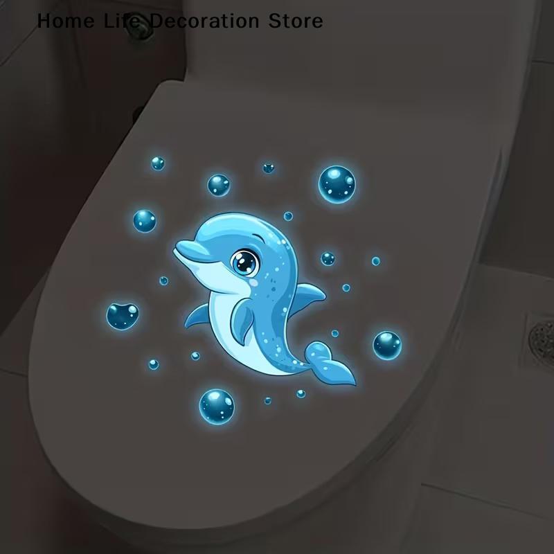 Glow-in-the-Dark Dolphin Bubbles Toilet Stickers - Ocean Theme Kids Room Decor Removable Self-Adhesive Decals For Wall Bathroom