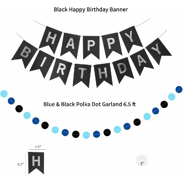 ANSOMO Blue and Black Happy Birthday Party Decorations for Boys Men Banner Balloons Navy Royal Light Blue Pom Poms Foil Curtain Décor Supplies 13th