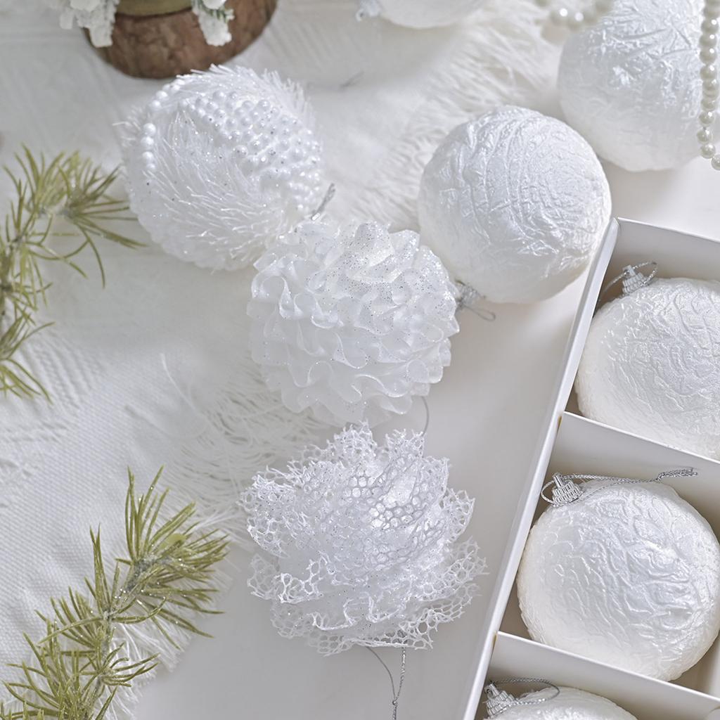 12pcs Boxed Snow-white Lace-edged Christmas Decoration Ball Pendant Christmas Tree Pendant Gift Box Set