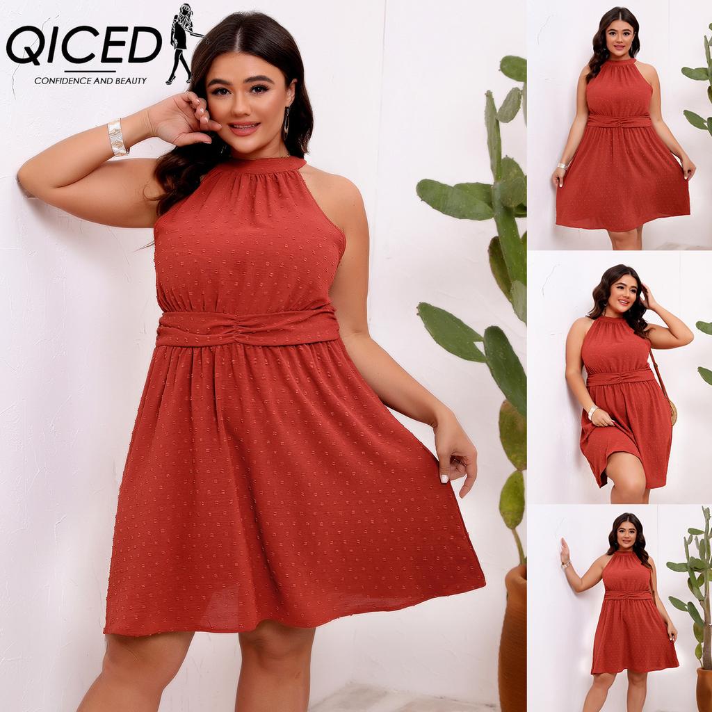 QICED Summer Women's Dress In Large Size, Semi-high Neck, Halter, Cinched Waist, Jacquard Solid Color