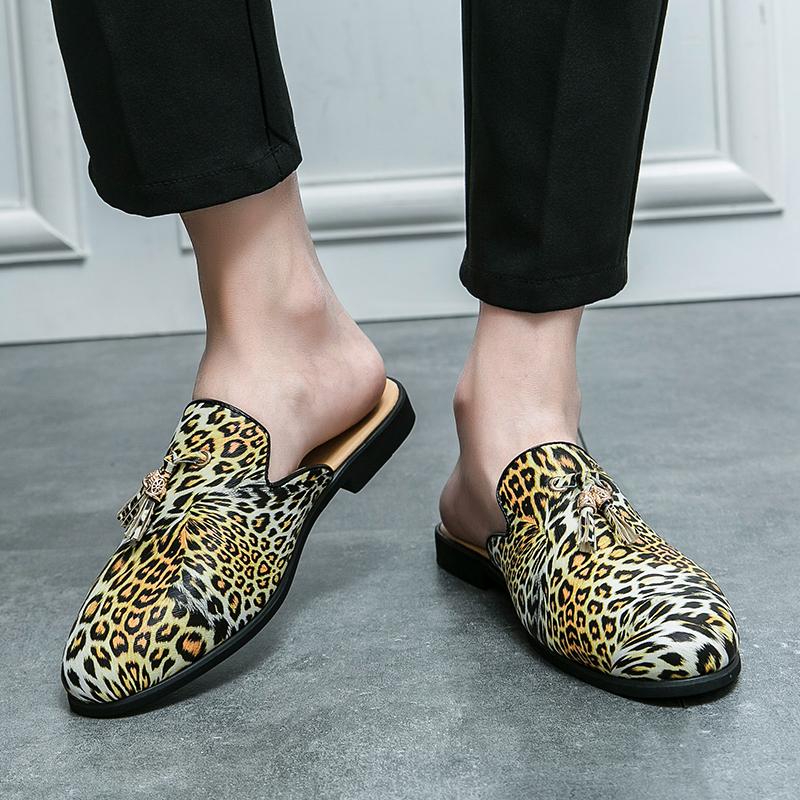 Fashion Summer Slip On Half Shoes For Men Leather Slippers Casual Mules Breathable Comfy Loafers Big Size Moccasins Leopard Fashion