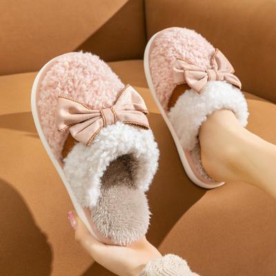 Women Winter Fluffy Fur Slippers Women Cute Bow Flat Shoes Anti-slip Flip Flops Couples Home Indoor Slippers Warm Plush Slippers