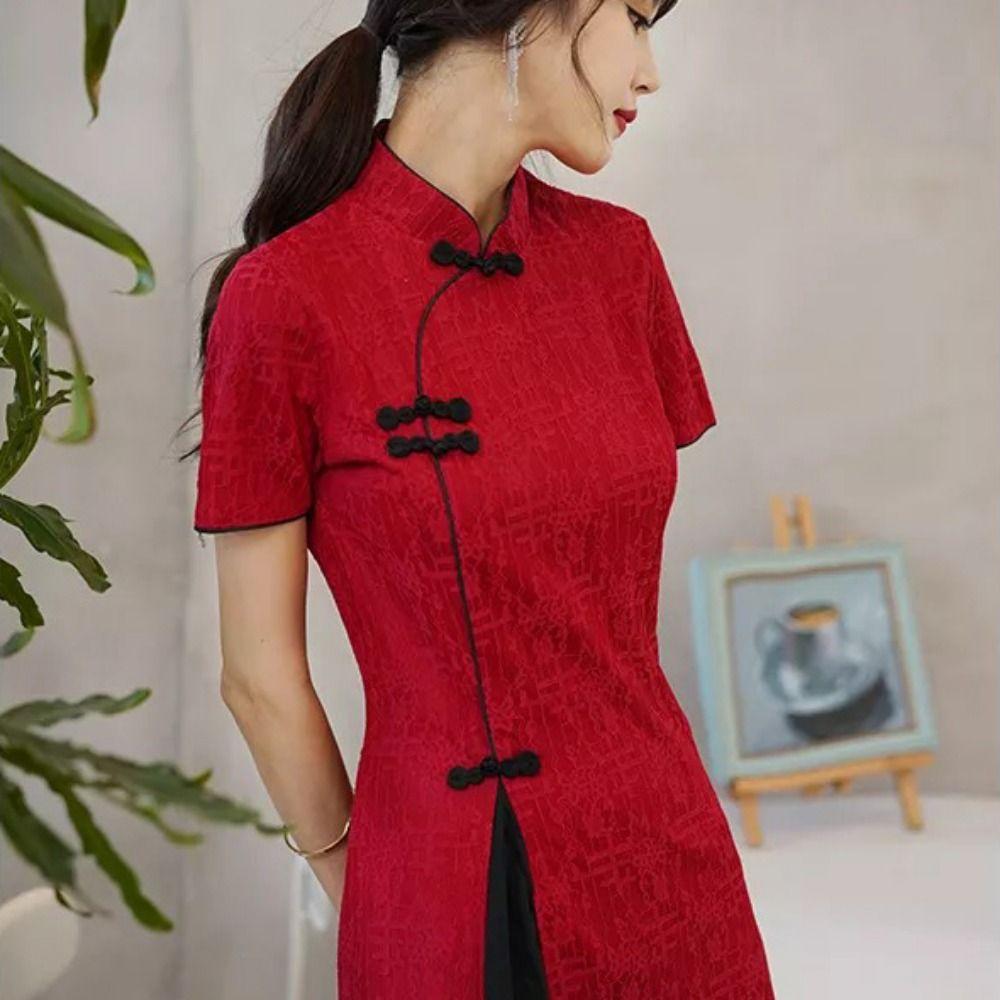 Short Sleeve Traditional Chinese Dress Long Fork Cheongsam Qipao Dress  Women