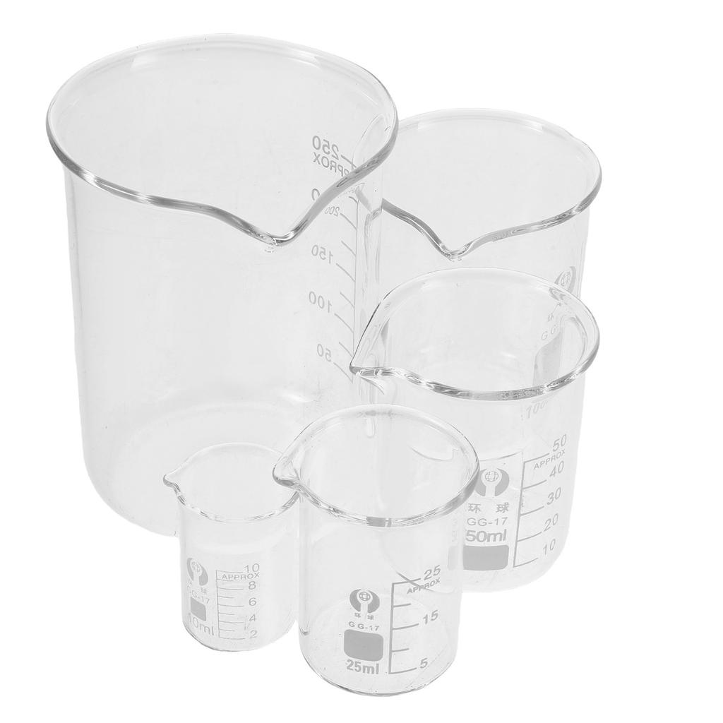 5Pcs Glass Beakers Set 10Ml 25Ml 50Ml 100Ml 250Ml Clear Graduated Laboratory Glassware for Precise Liquid Measurement in Science