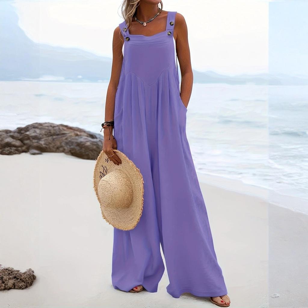 Women's Fashionable Solid Color Wide Leg Overalls Sleeveless Vest Pocket Casual Jumpsuit