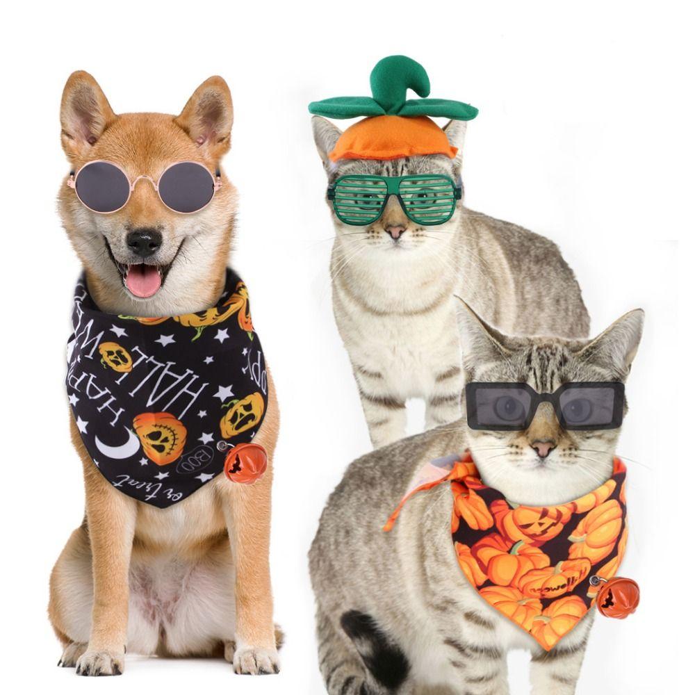 Breathable Halloween Pet Scarf With Bell Pumpkin Dog Bandana Halloween Dog Triangle Towel  Cosplay
