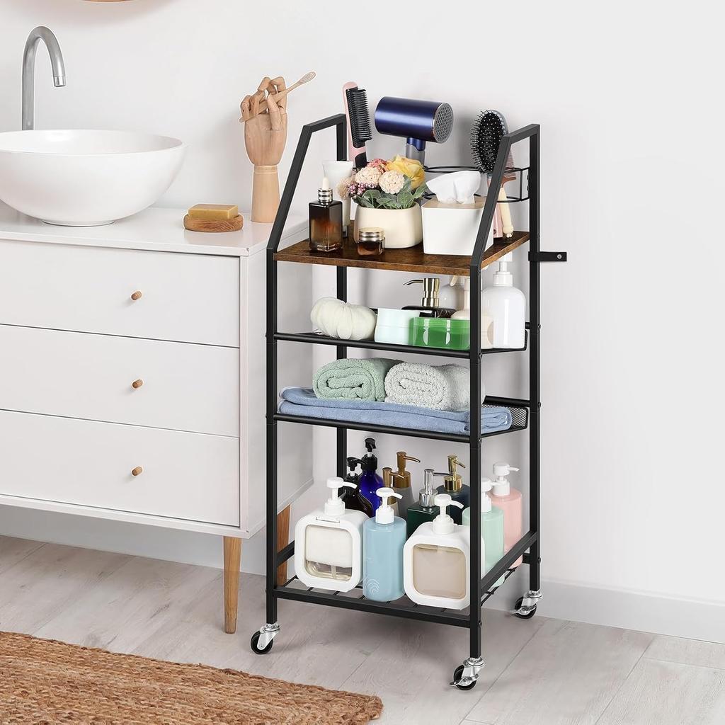4-Tier Freestanding Towel Rack with Wheels - Hair Tool Organizer & Metal Shelf, Space Saving for Bathroom/Pool