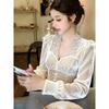 Elegant White Velvet Lace-Cinched Shirt for Women