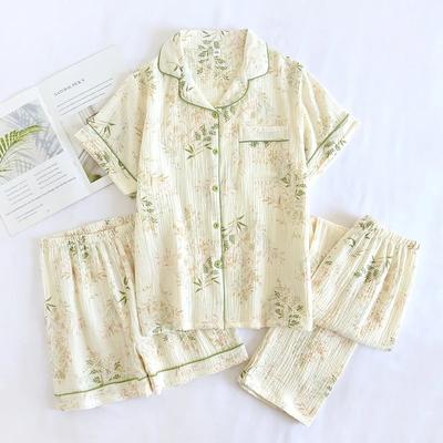 2026 Frühling/Sommer Neu Damen Pyjama Dreiteiliges Set 100% Baumwollkrepp Kurzarm+Shorts+Hose Hausanzug Nachtwäsche