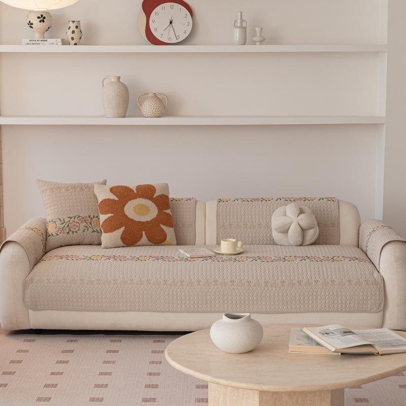 Washed Cotton Embroidered Couch Cushions Fixed Anti-slip Particles Sofa Cover Straight Three Person Fabric Sofa Leather Couch Quilted Protective Pad
