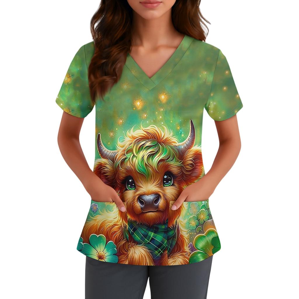 Women's Cute Bow Printed Work Clothes V-neck Double Layer Pockets Basic Short Sleeve Top Pullover