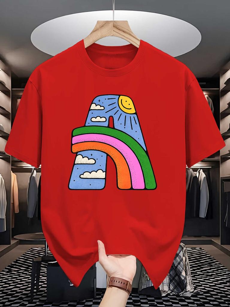 Unisex Crew Neck Tee Letter A Rainbow Sun Cloud Art Print Soft Cotton Loose Short Sleeve Summer Casual Male Streetwear Tops