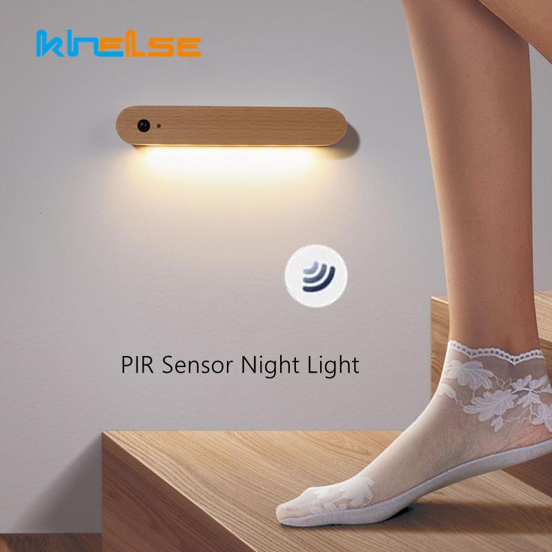 LED PIR Motion Sensor Night Light Bedroom Wooden Lamps Home Decor Magnetic Key Holder Cabinet Door Hanging Lamp USB Rechargeable