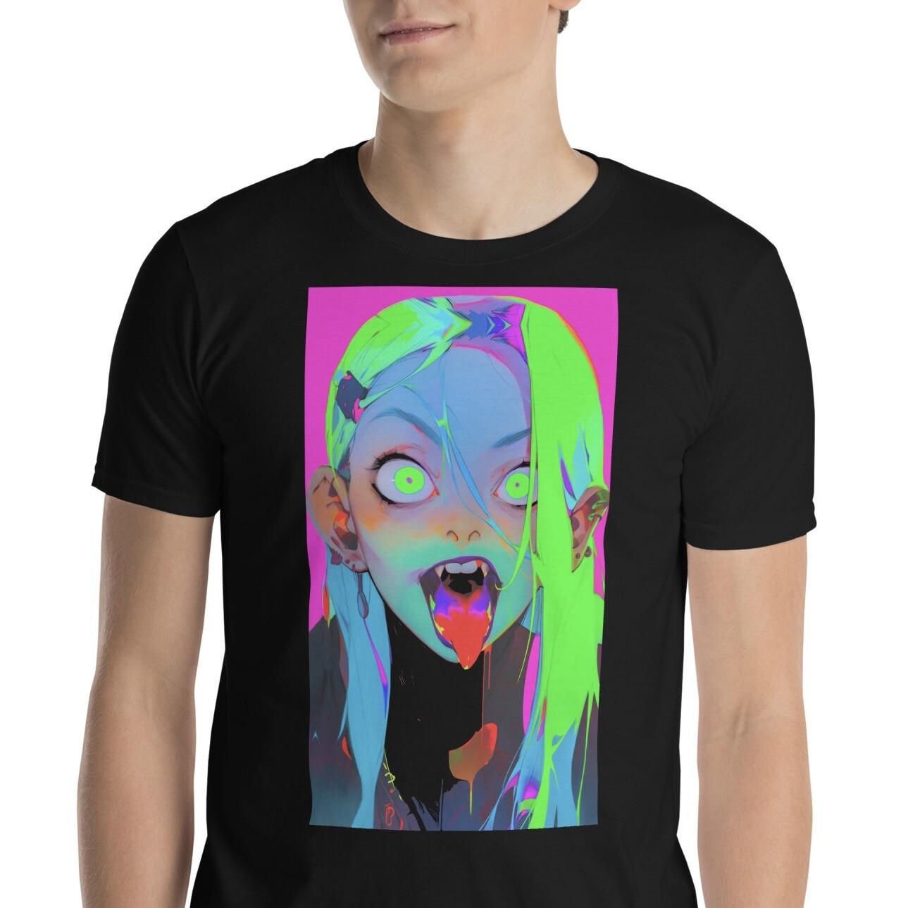 Anime Girl Neon Color Tongue Kawaii Harajuku Short-Sleeve Unisex T-Shirt Mens Womens Tees Top L
