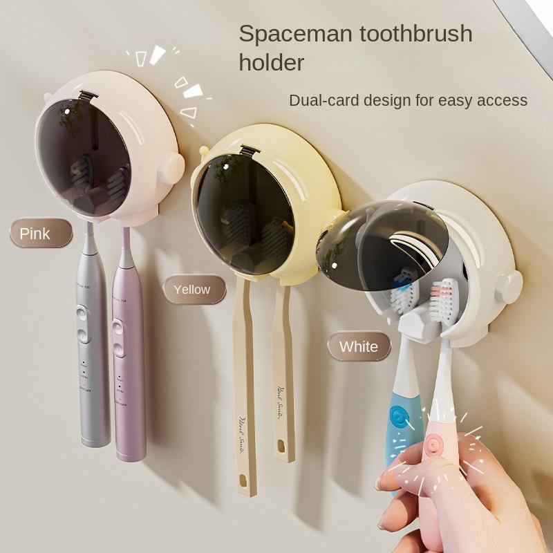 Wall-Mounted Toothbrush Holder with Dust Cover - No Drill, Upside Down Design for Electric & Manual Brushes, Space-Saving Bathroom Organizer KTY