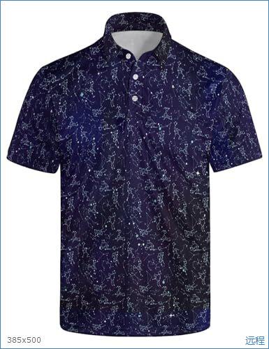 Short-sleeve polo shirt with golf stick figure prints, versatile casual top.