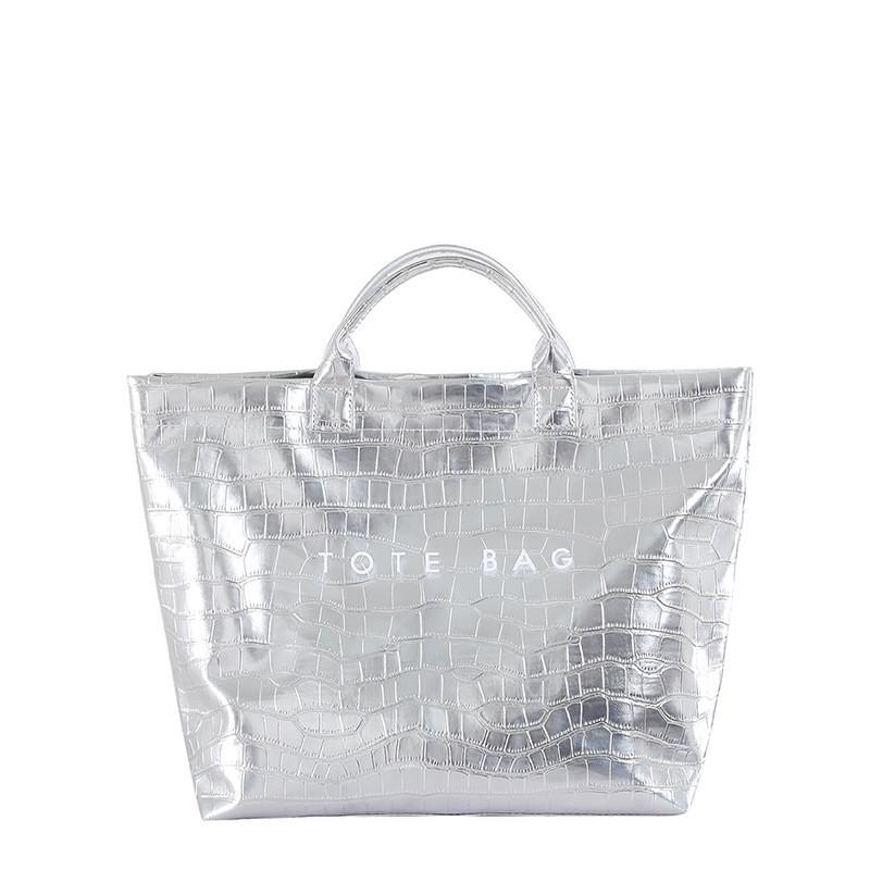 Simple Chic Ladies Tote Bag With Solid Color Letter Printed Crocodile Texture For Casual Outings