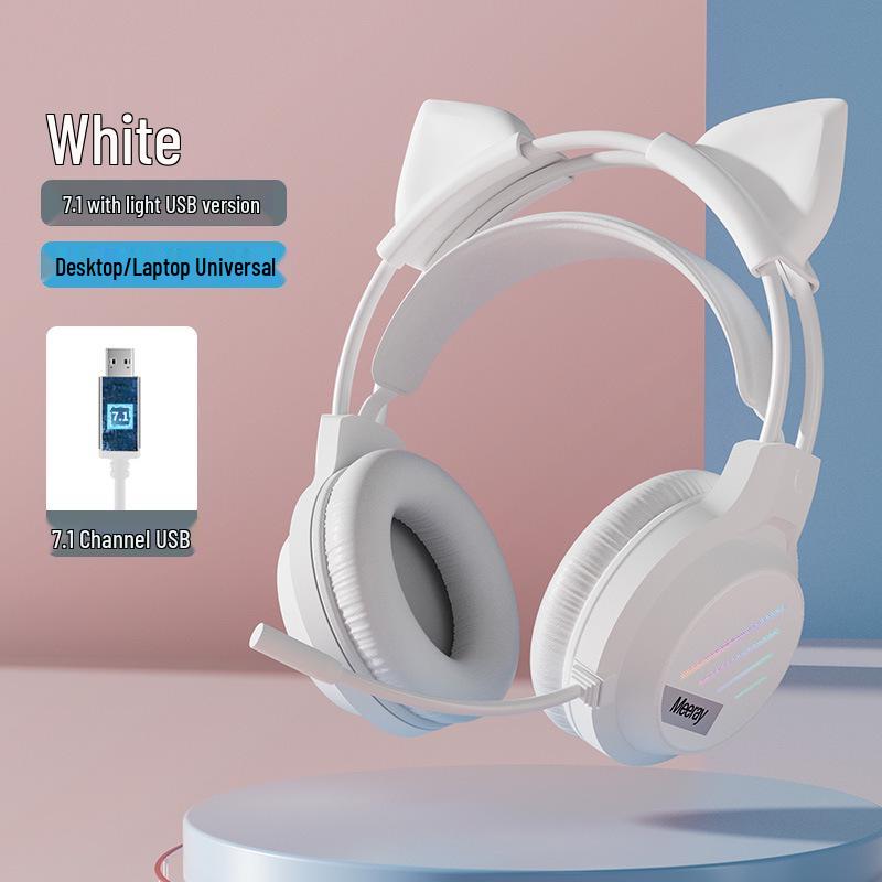 Glowing Cat Ear Wired Headphones: Cute Gaming Headset for Girls - Compatible with Desktop & Laptop Computers