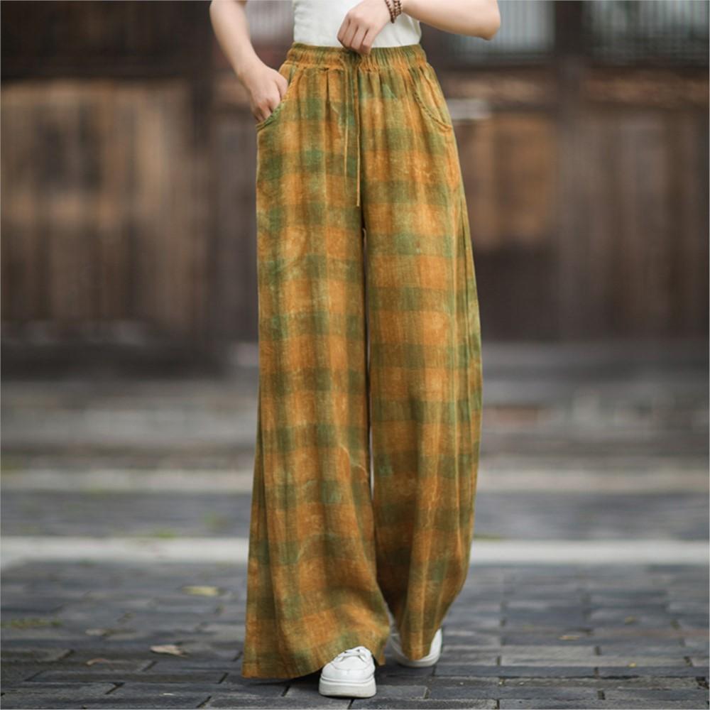 Johnature Women Vintage Wide Leg Pants Elastic Waist Loose Autumn Trousers 2025 Soft Female Long Pants