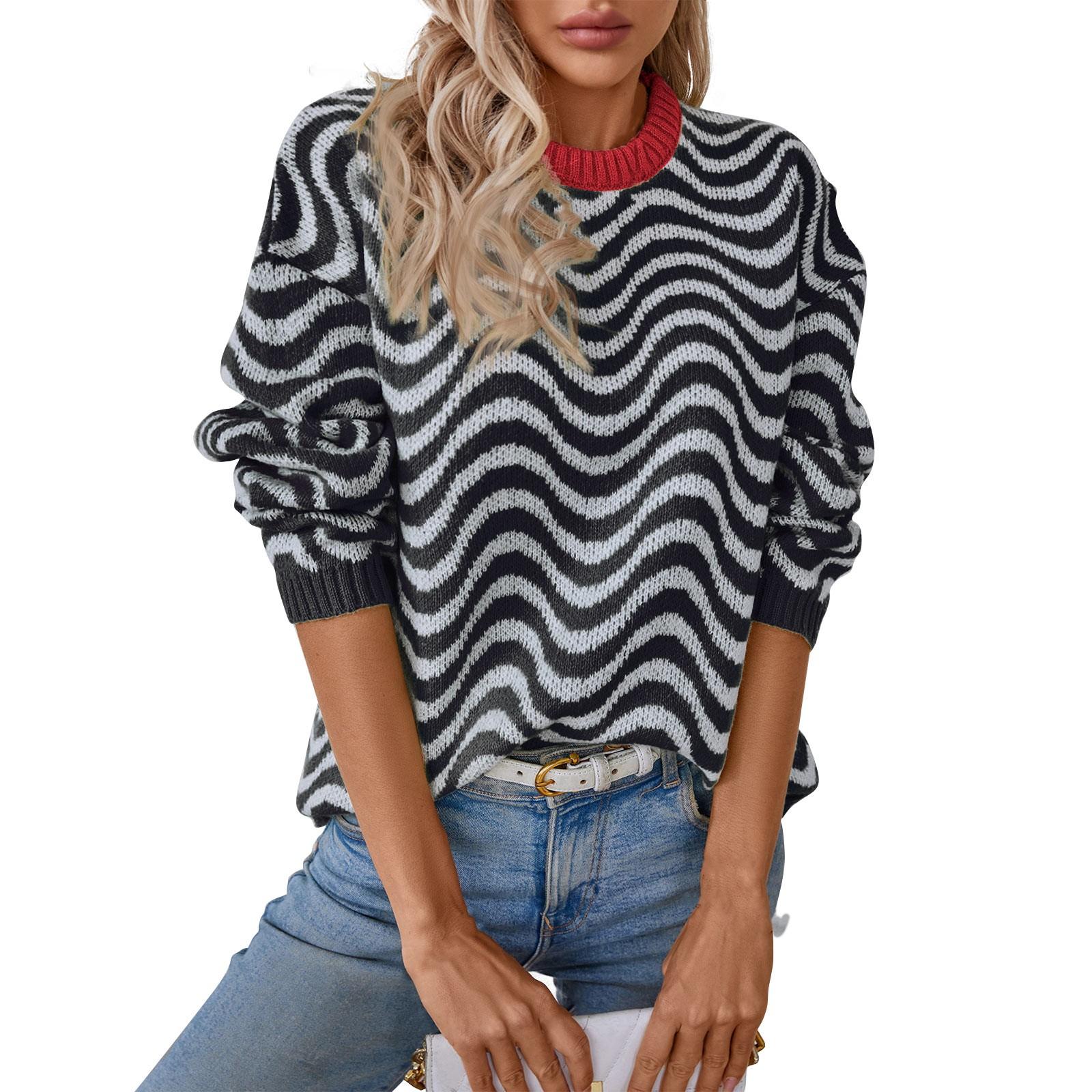 

Осень и зима Новое поступление контрастного цвета вязаный свитер волнистый полосатый свитер L чёрный