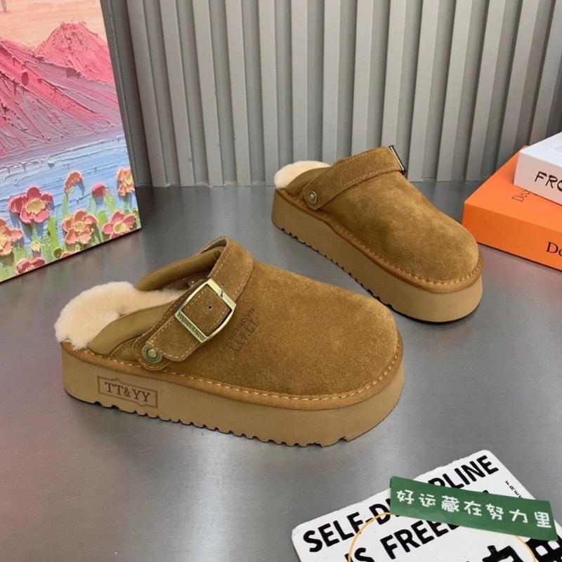 

Европейская матовая кожа модные туфли Boken тапочки из овечьей шерсти женские 2024 новая осень на толстой подошве с закрытым носком полутапочки 40 верблюд