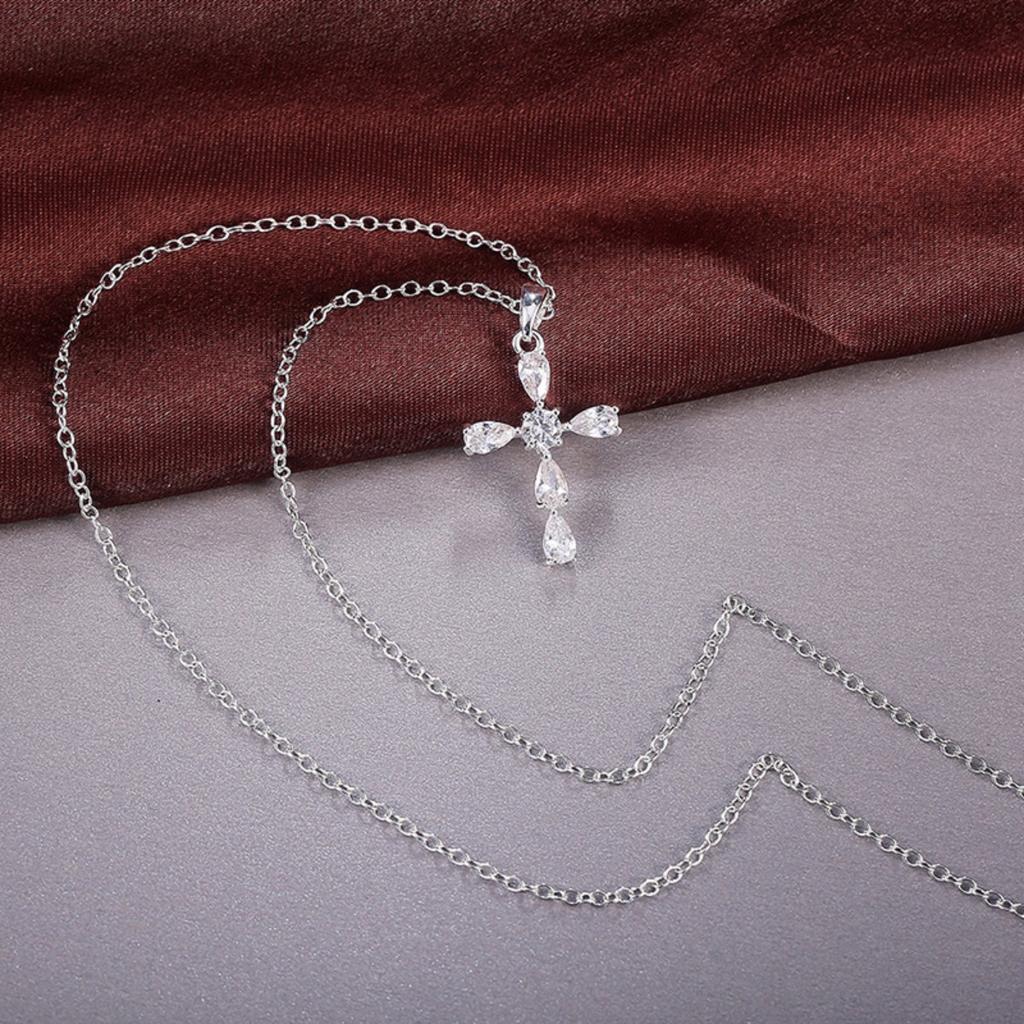 Women Teardrop Stone Cross Pendant Necklace with Central Round Stone Elegant Sparkling Religious Inspired Jewelry for Daily and Special Occasions