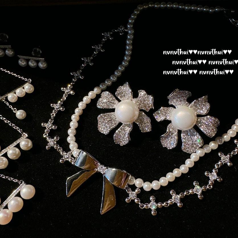 Mermaid Bubble Flowers Gem Pearl Earrings, Tahiti, Bow Star Zircon, Pearl Necklace